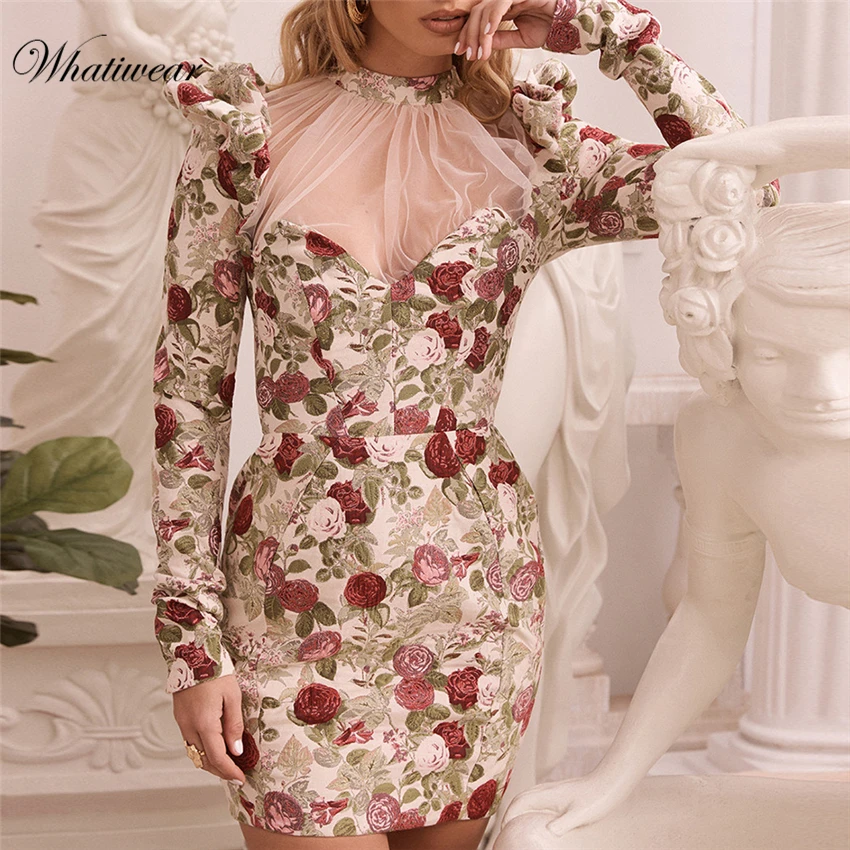 Whatiwear 2020 Summer Mini Dress Print Flower Party Streetwear Women Sexy Mesh See Though Vestidos de festa | Женская одежда