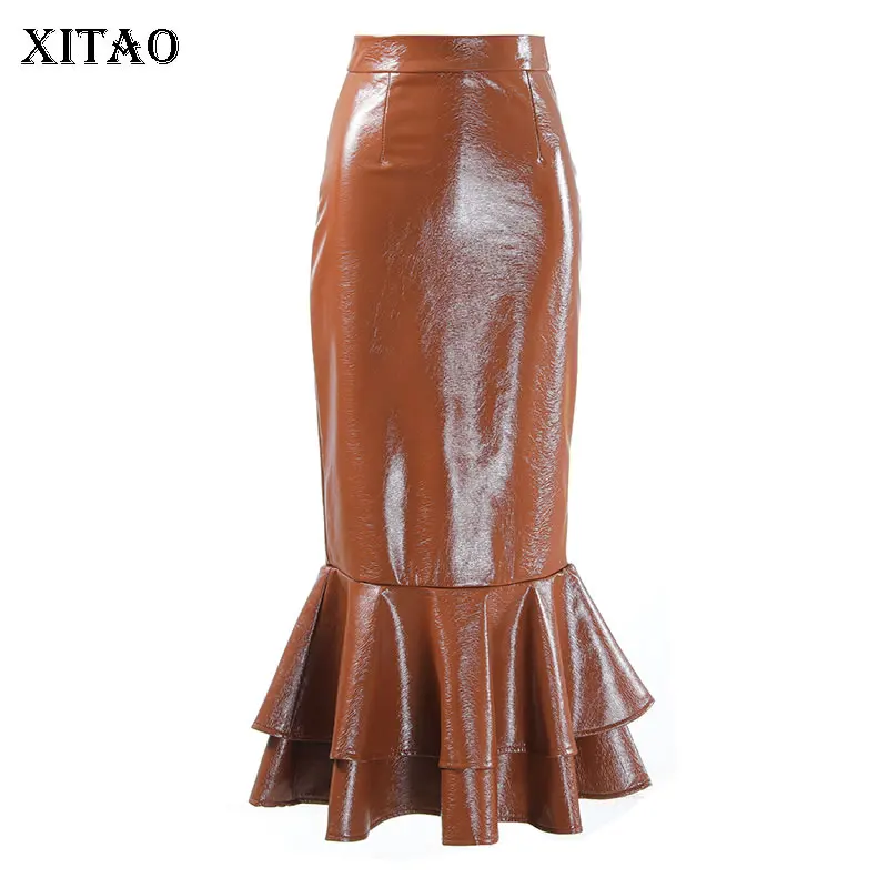 

XITAO, юбка Русалочки с запахом, блестящая искусственная кожа, Женская юбка с разрезом, однотонная, новинка 2021, Осень-зима, универсальная, GWJ1350