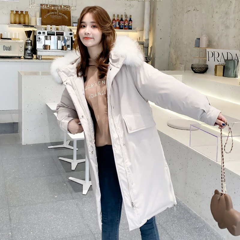 Женская длинная парка с капюшоном и меховым воротником теплая Осенняя верхняя