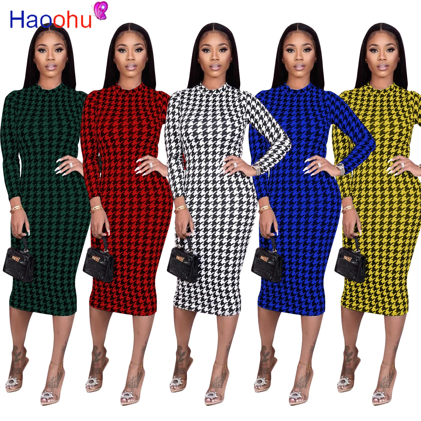 

HAOOHU Swallow Gird Print Bodycon Dress Long Sleeve Turtleneck Party Clothing 2021 Fashion Streetwear Night Club Maxi Dresses