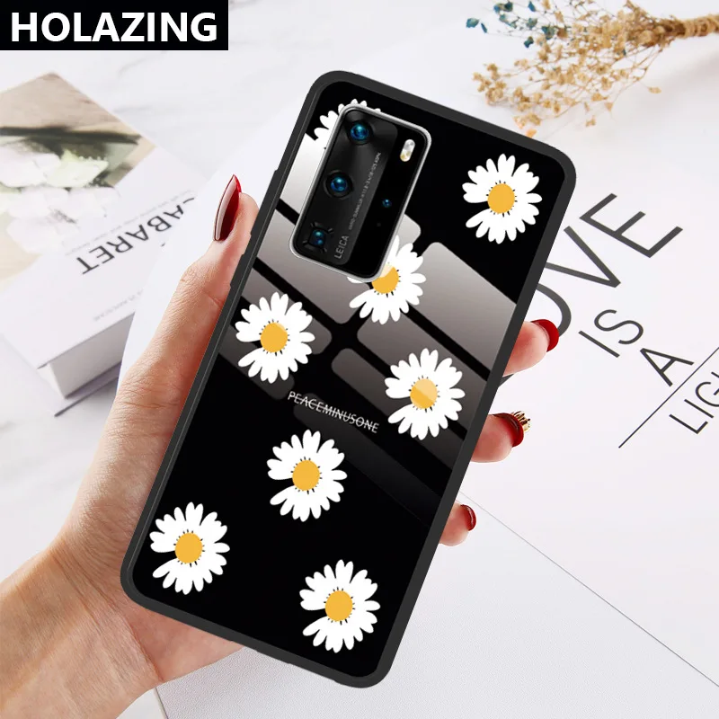 Case For Huawei P40 Lite Pro P30 P20 Daisy Pattern Tempered Glass Soft TPU Back Cover Phone Cases | Мобильные телефоны и
