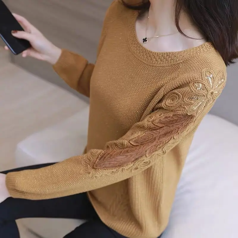 

Large size lace hollow long-sleeved sweater 2019 autumn winter new loose bottoming shirt round neck sweater women's shirt tide
