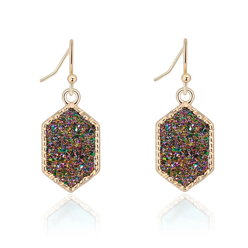 G multi Drusy шестигранные Висячие серьги, Имитация кристаллов, камни Друза, позолоченные сережки с серебряным покрытием, брендовые ювелирные изделия для женщин - Окраска металла: G multi