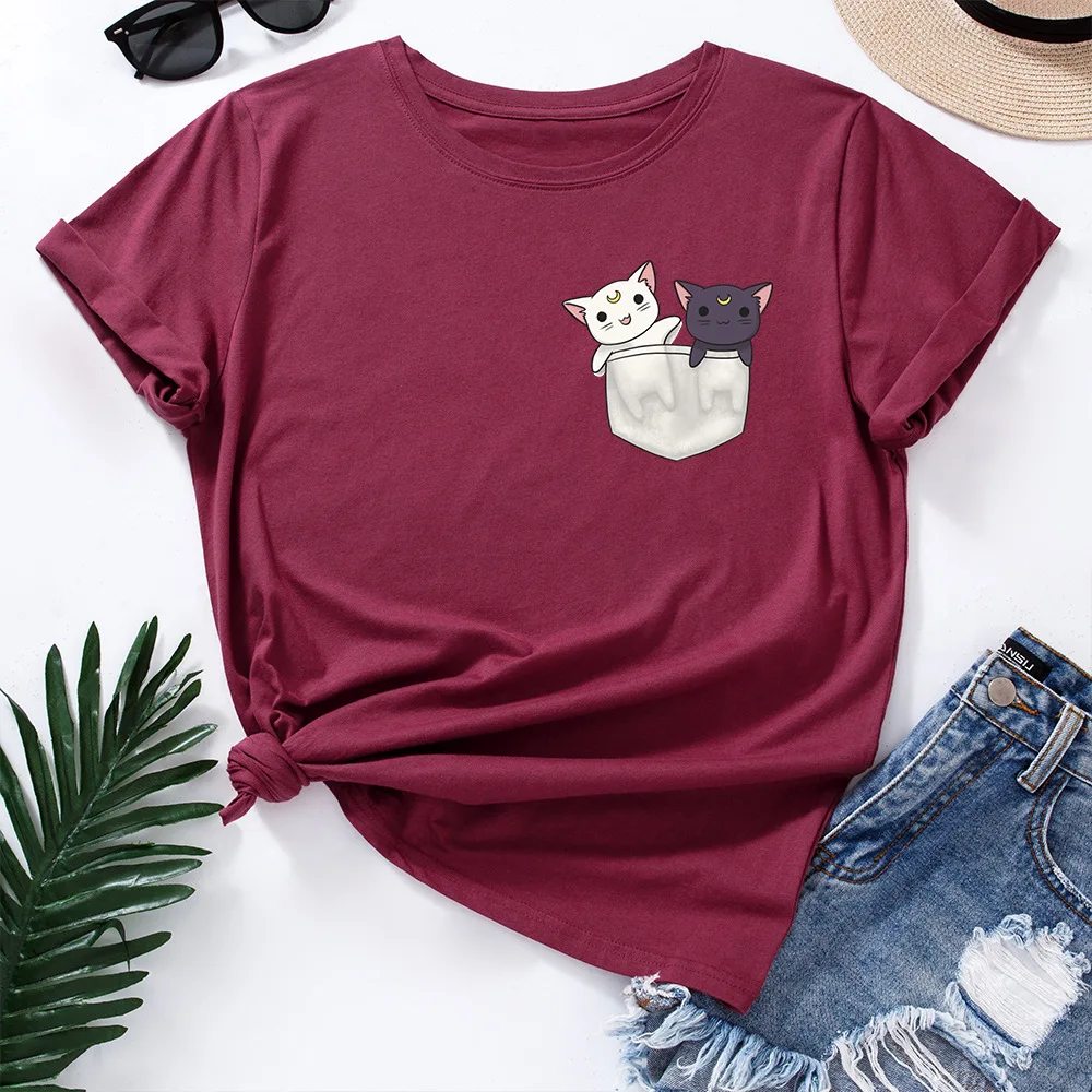 

Summer Cotton T Shirts Female Cute Double Cats Graphic Tees Plus Size Women Clothing Summer Casual Shirts Streetwear