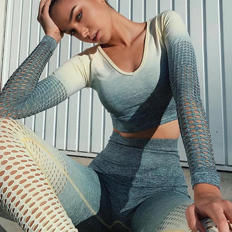 Новейший женский сетчатый бесшовный костюм для йоги с эффектом омбре