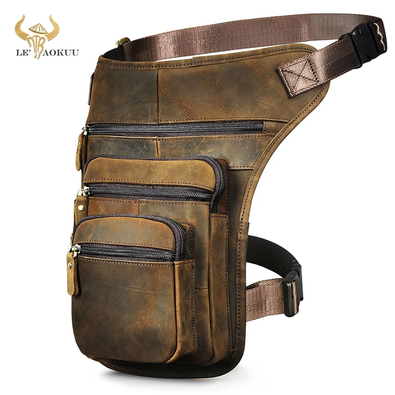 Thick Crazy Horse Leather Men Design 8" Tablet Messenger Bag Vintage Travel Fanny Waist Belt Pack Drop Leg Thigh Bag Male 3111