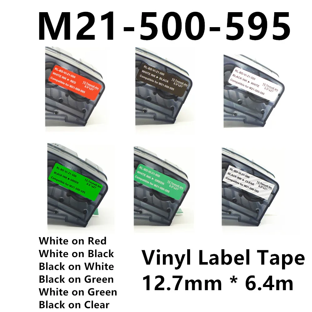 

1Pack M21 500 595 Vinyl Label Tape Ribbon White On Red , Black on White BK on Green, BK on Clear color For BMP21 PLUS BMP21 LAB