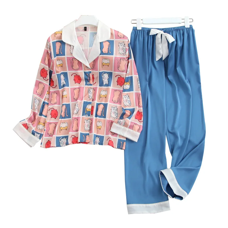 

Spring Autumn Women Sleepwear Pajamas Set Casual Silky Nightwear Bathrobe Soft Satin 2PCS Shirt&Pant Long Sleeve Pijamas Suit