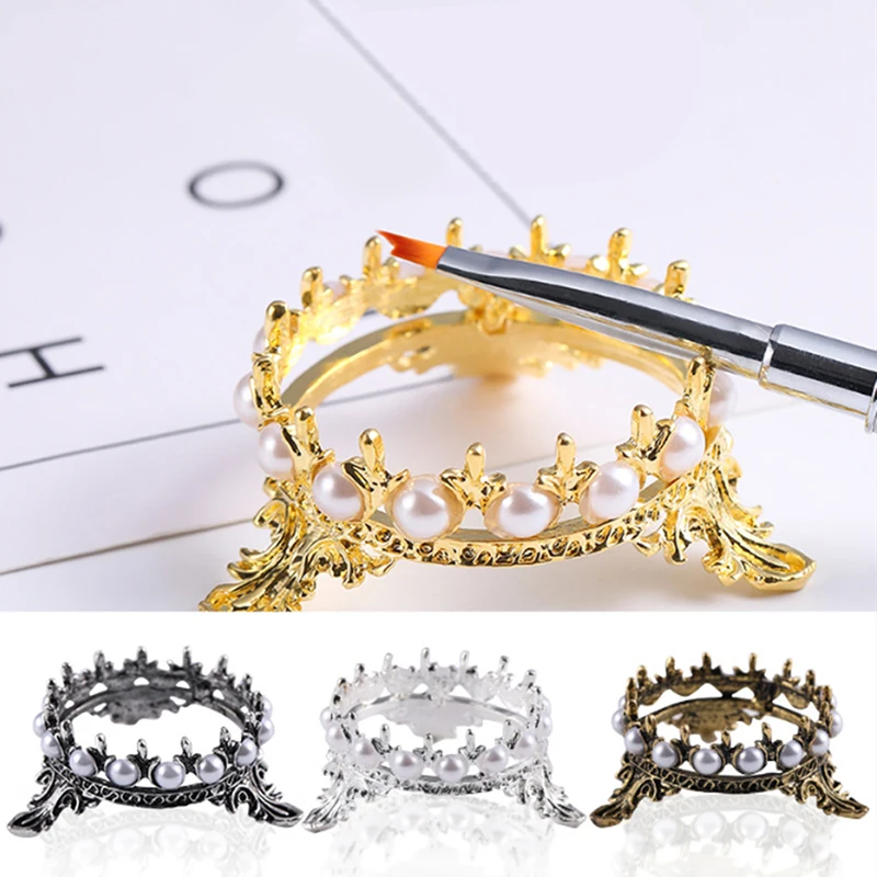Vintage Crown Design Nail Art Pens Brushs Stand Rack Pearls Decoration Salon Home DIY Manicure Carving Drawing Pen Holder | Красота и