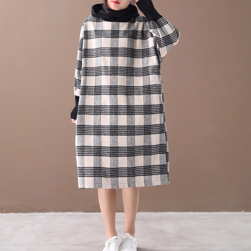 Max LuLu Winter Luxury Korean Ladies Plaid Streetwear Women Vintage Long Hooded Dresses Casual Turtleneck Clothes Plus Size