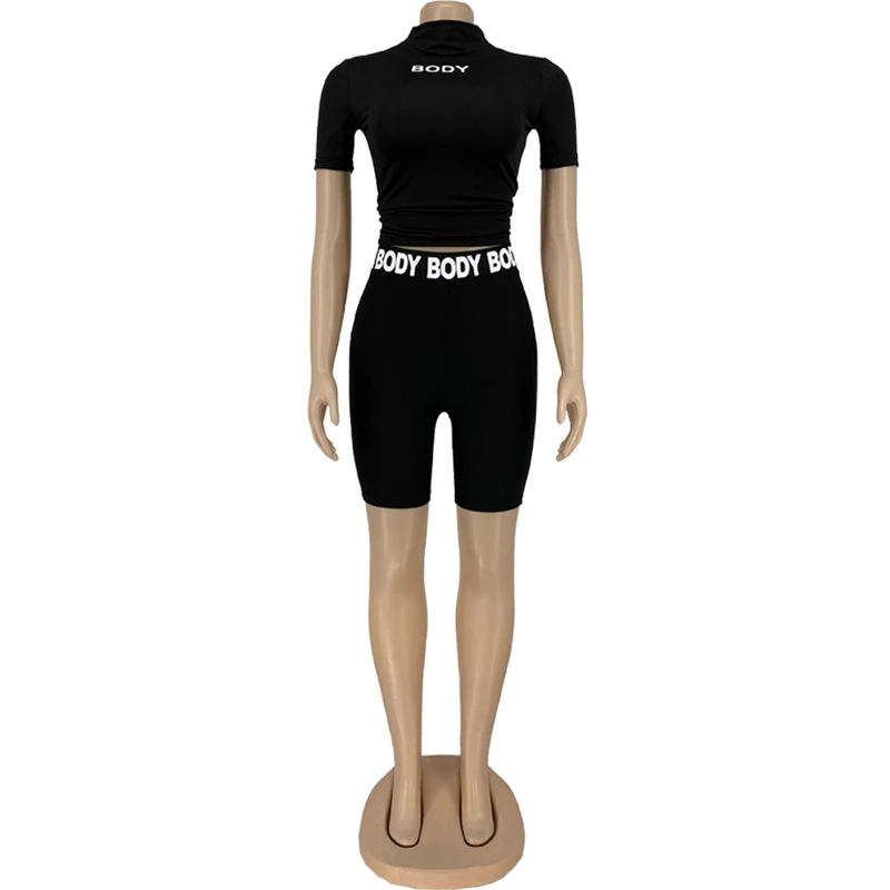 

Zoctuo Solid Letter Print Women'S T-Shirt Set Half High Neck Skinny Fashion Two Piece Short Set For Women Tracksuit Outfits