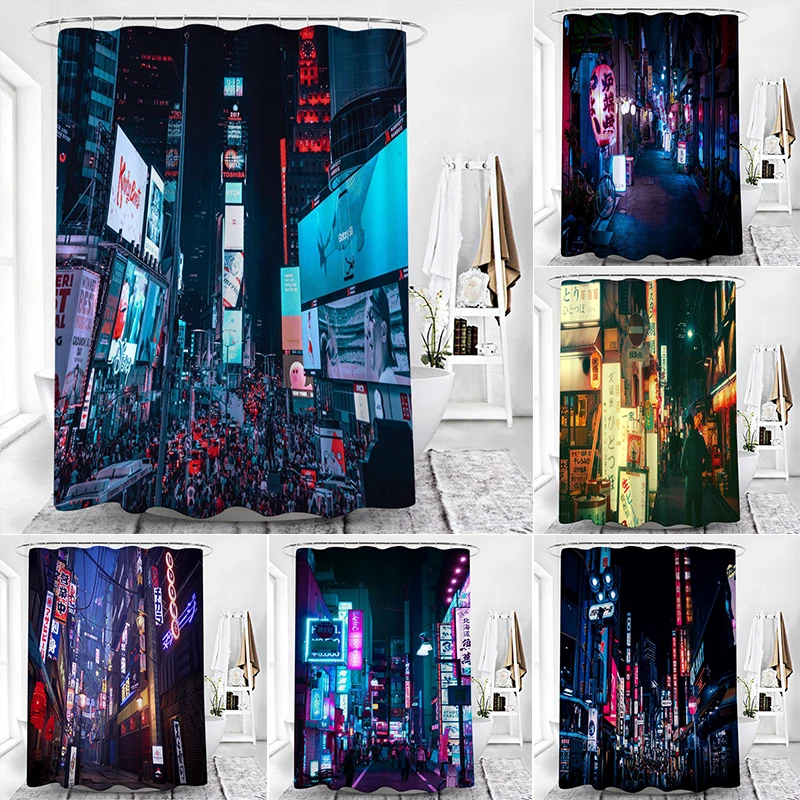 

Tokyo Metropolitan Nightlife Shower Curtain With Hooks Fabric Waterproof Japanese Multi-Size Bath Curtains Screen Home Decor