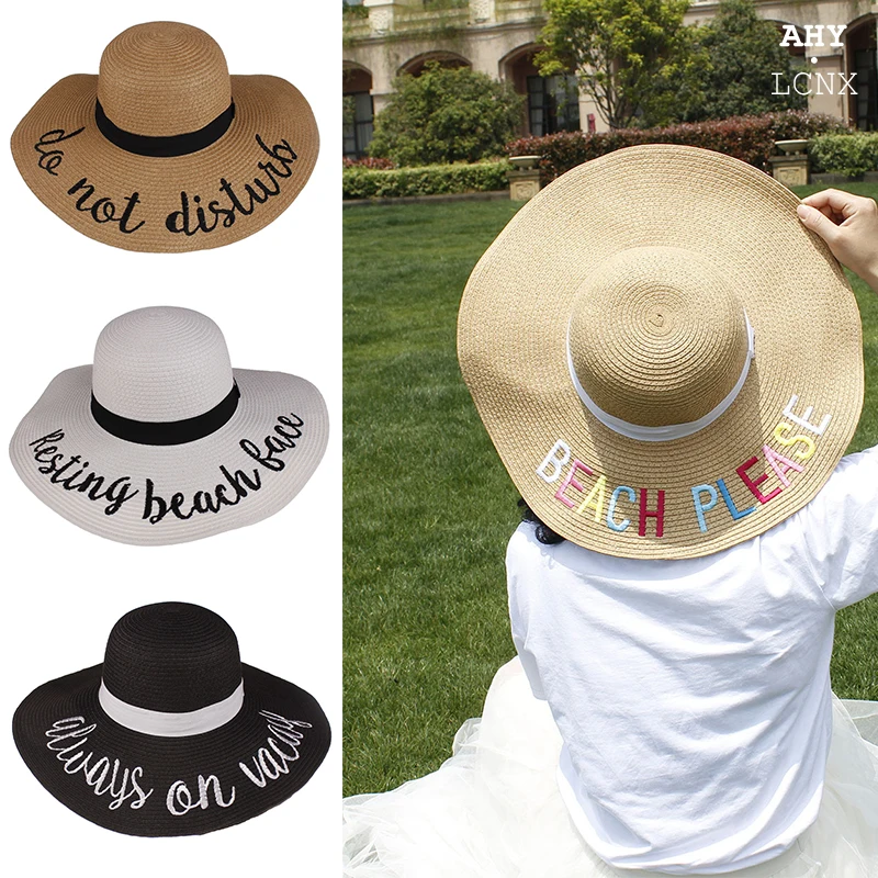 

New Summer Panama Hats Letter Embroidery Simple Elegant Straw Hat For Women Beach Hats UV Protection Sun Cap Femme 2020