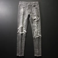 american street fashion men jeans retro gray elastic slim fit ripped jeans men brand patches designer hip hop denim punk pants