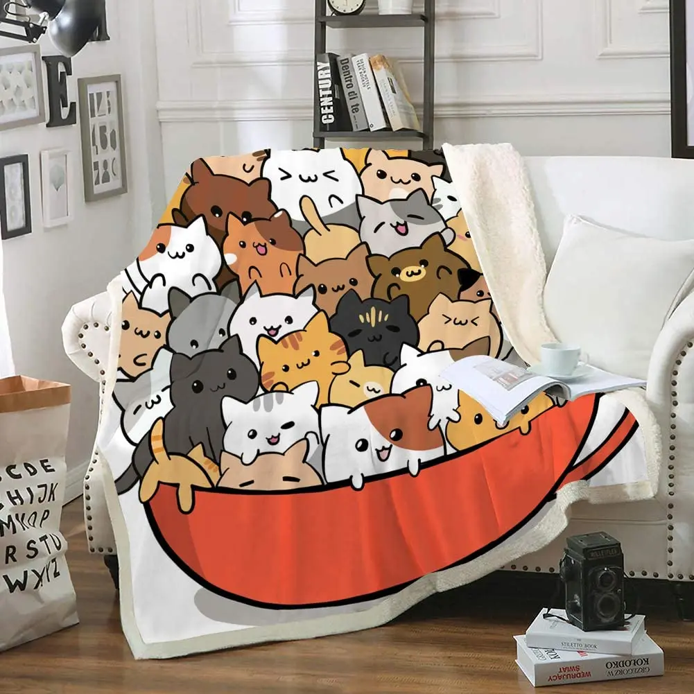 

Bedbay Anime Cat Blankets for Women Girls Cartoon Cats Kitten Sherpa Fleece Blanket Animal Pet Themed Soft Cozy Plush Bed Chair