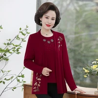 2pcsset middle age women long sleeve knitted cardigan top t shirt spring fall plus size mother clothing camisetas mujer