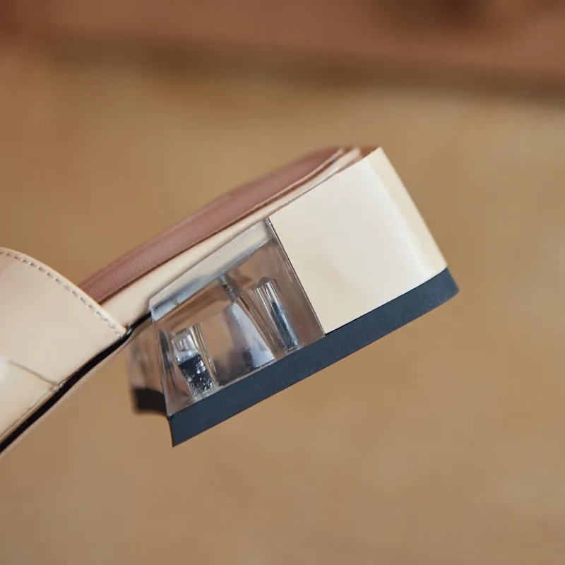 

Mules Shoes Women Size 39 40 Summer 2021 New Fashion Patent Leather Covered Toe Chunky Medium Heels Transparent Slippers Sandals