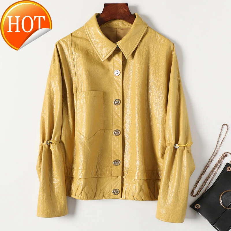 

Fall new leather jacket women fashion short square collar shirt loose casual sheep leather jacket