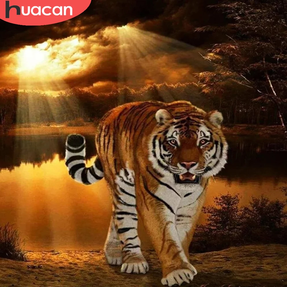 

Алмазная живопись HUACAN, картина с тигром, мозаика с животными, закат, стикер для вышивки крестиком, Декор