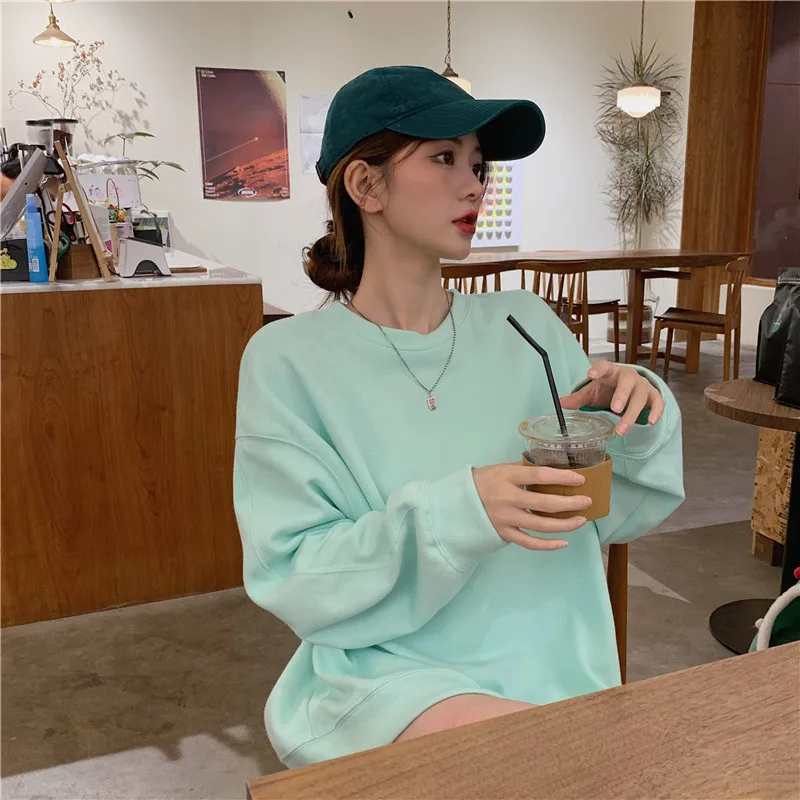 

Новинка весна-осень 2021, модные милые худи в лаконичном стиле для женщин, Универсальные однотонные Свободные толстовки с круглым вырезом