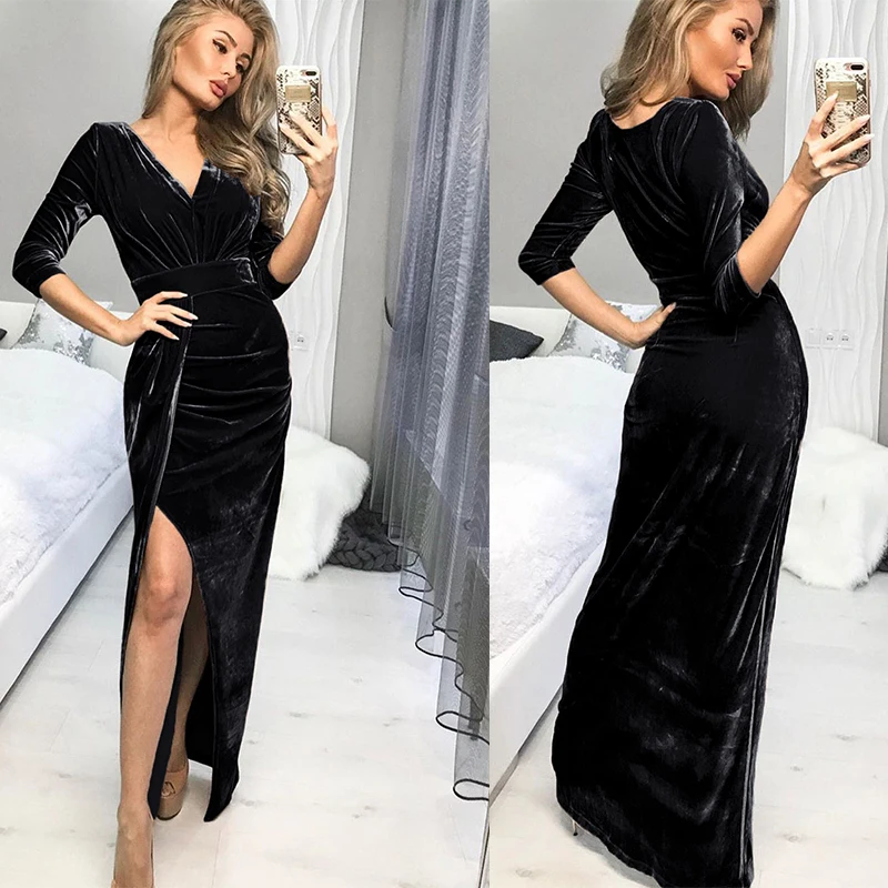 LIVA GIRL элегантные женские вечерние платья вельветовые макси с глубоким v-образным