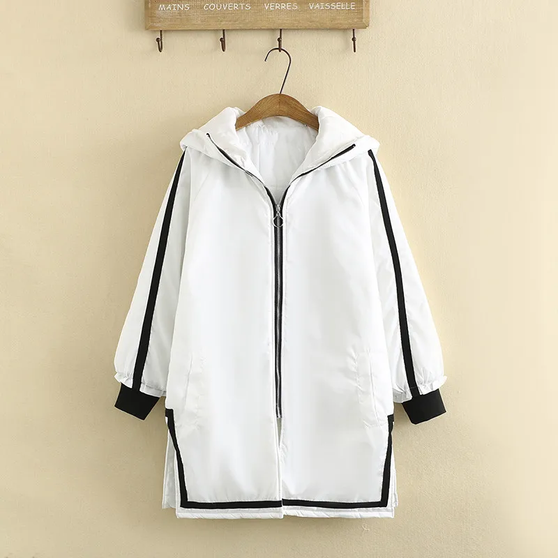 Plus Size Winter Coat For Women Long Sleeve Hooded Black And White Strip Mosaic Stitching Plus Cotton Thickening Large Size Coat