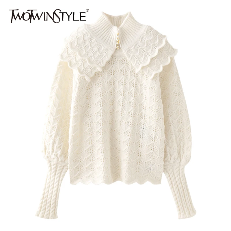 

TWOTWINSTYLE Patchwork Lace Temperament Button Sweater Female Stand Collar Long Sleeve Fashion Sweaters For Women Autumn Style