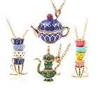 Ожерелье с эмалью для женщин, Ювелирное Украшение, ручная роспись, цветная чашка, чашка для чая, кофе, коллекция чашек золотого цвета, звеньевая цепь