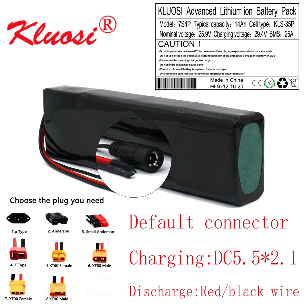 

KLUOSI 7S4P 14Ah 29.4V 24V Lithium Battery Pack 18650 with 25A BMS for Electric Moped Ebike Scooters Bicycle Power Wheelchair