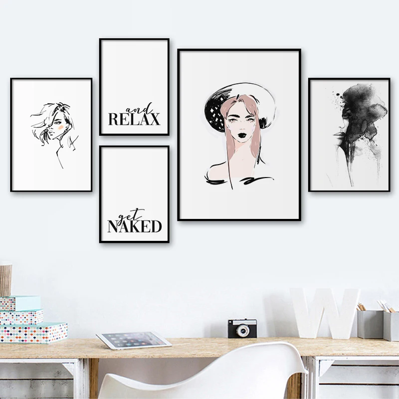 

Black White Abstract Woman Canvas Painting Get Naked Print Wall Art Poster Nordic Fashion Picture for Living Room Bedroom Decor