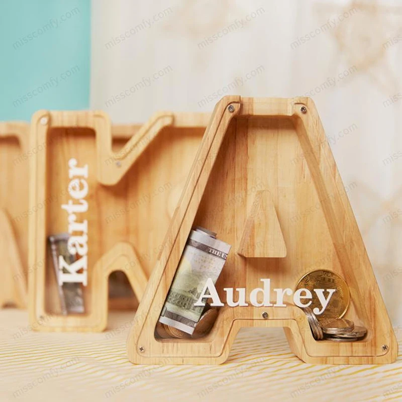 twenty six english alphabet piggy bank wooden coin money saving box jar coins storage box desktop ornament home decor crafts free global shipping
