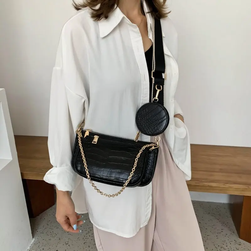 

Retro Crocodile Pattern Crossbody Bags For Women 2020 Classic Solid Color Leather Shoulder Bag 3 in 1 Ladies Purses And Handbags