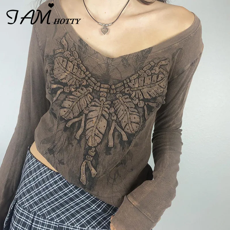 

V-neck Graphic Print Grunge T Shirt Women Vintage Tops Long Sleeve Casual Basic Tee Rhinestone Fairycore Clothes Fall Iamhotty