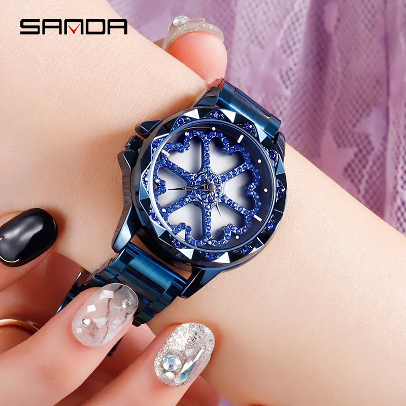 SANDA Draai Dial Horloge Vrouwen Роскошные Кристальные дамские часы 30 м водостойкие Япония 2035