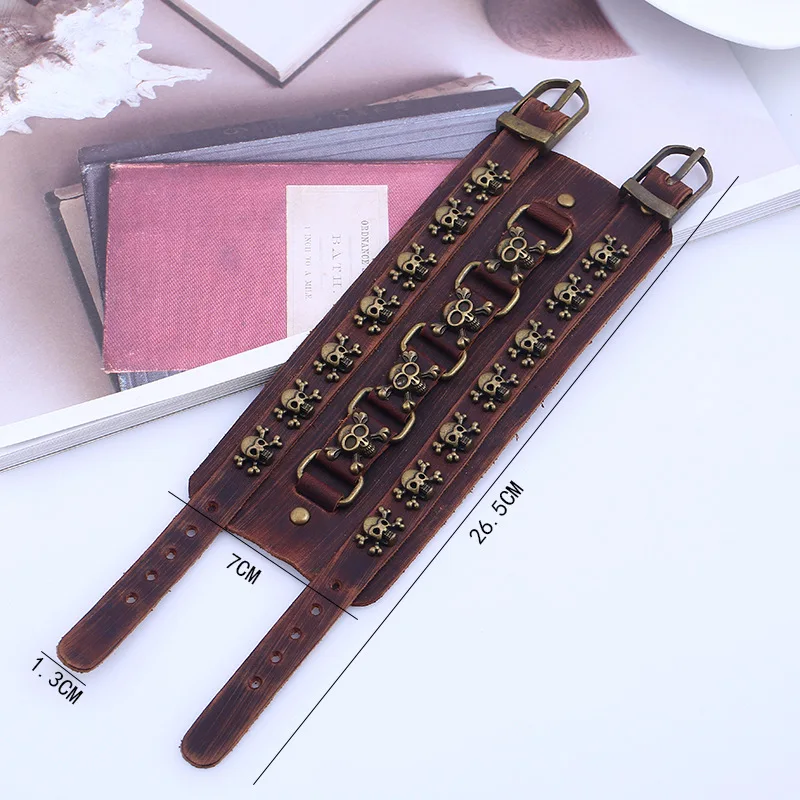 7cm Wide Genuine Leather Wrap Bracelet Punk Rock Skull Head Cuff Bangles 2020 Fashion Jewelry For Men | Украшения и аксессуары