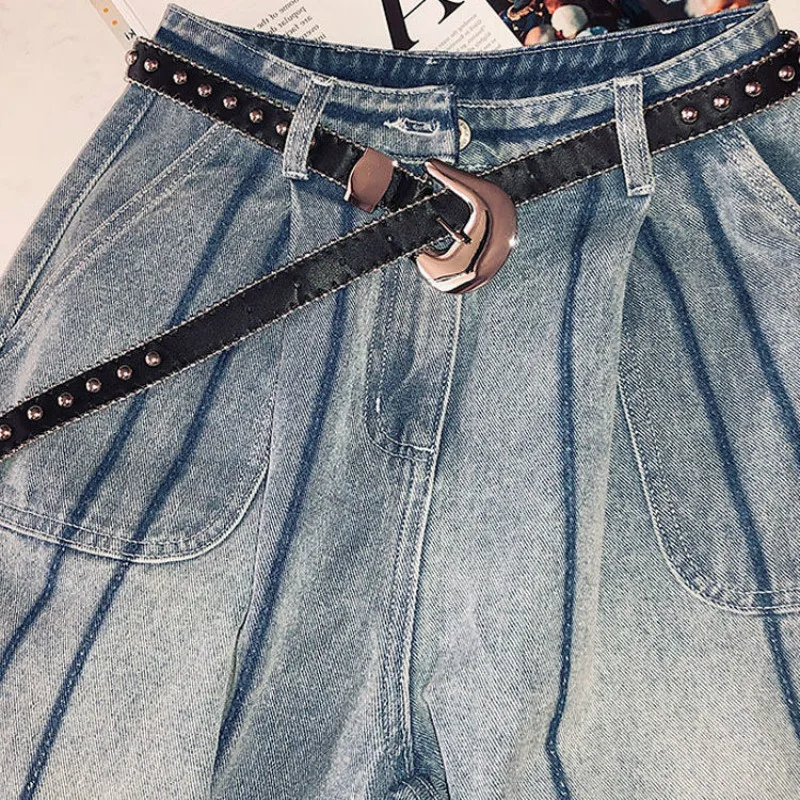 

2021 New Spring and Autumn Fashion Korean Style Vertical Loose Casual Stripe Straight-leg Jeans with Belt Y185