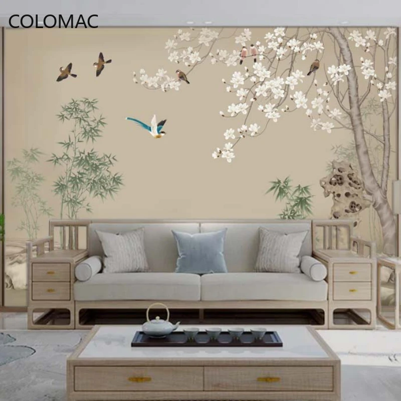 

Colomac Custom New Chinese Flower and Bird Wallpaper Living Room Background Decoration Seamless Mural Wall Sticker Dropshipping