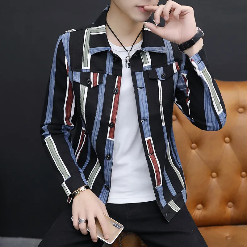 

Fashion Men Striped Denim Short Coats Slim Fit Casual Single Breasted Outerwear High Street Autumn Long Sleeve Jean Jacket M-3XL