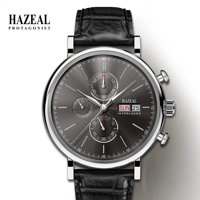 Hazeal Fashion Men Automatic Mechanical Watch Business Male Wristwatch Chronograph Week Date Leather Sapphire Waterpoof Clock