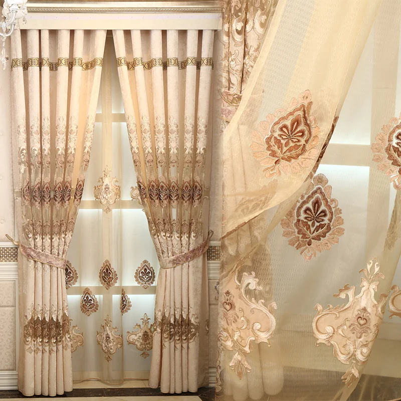 

Top grade luxury European chenille embroidery hollow out champagne curtain luxury living room bedroom finished custom curtain