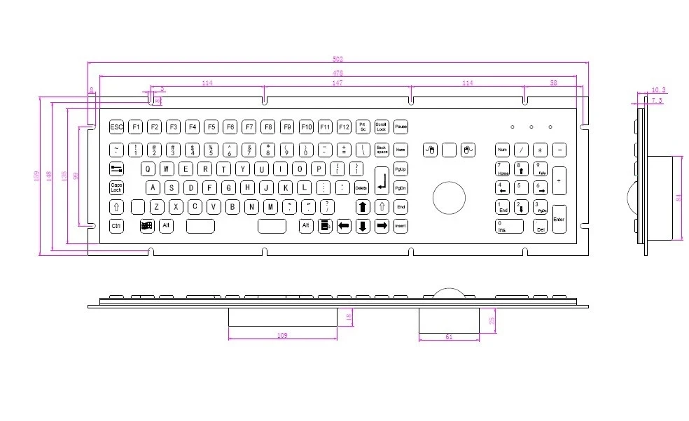 Full Size 107 Keys Industrial Metal Stainless Steel Keyboard with Trackball Mouse  and Numeric Keypad