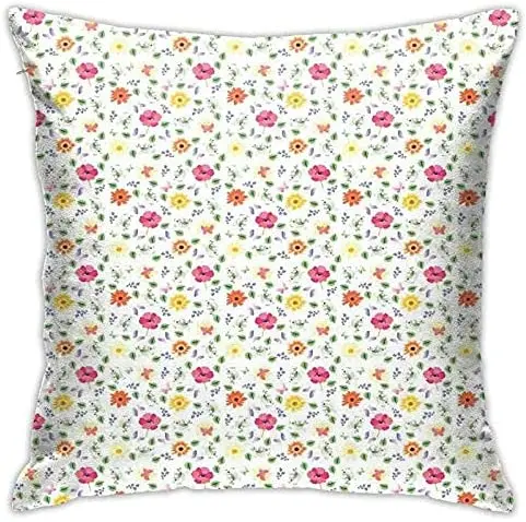 

Personalized Abraction Funny Little Birds Butterflies Green Leaves Poppy and Marig Flowers On White Decorative Pillow Cover