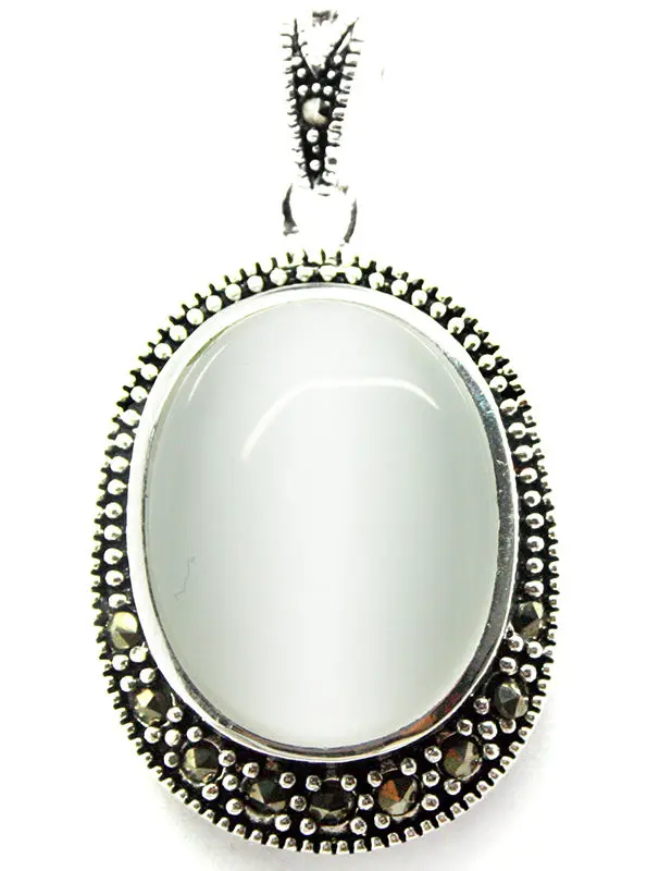 Серебряная овальная белая подвеска с оправой 30x20 мм|Подвески| |