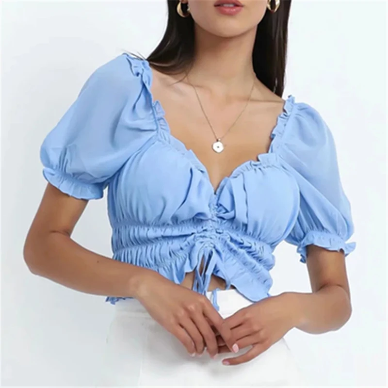 

Женская рубашка со складками, короткий топ с пышными рукавами и V-образным вырезом, Короткие футболки на шнуровке с оборками, модные элегант...