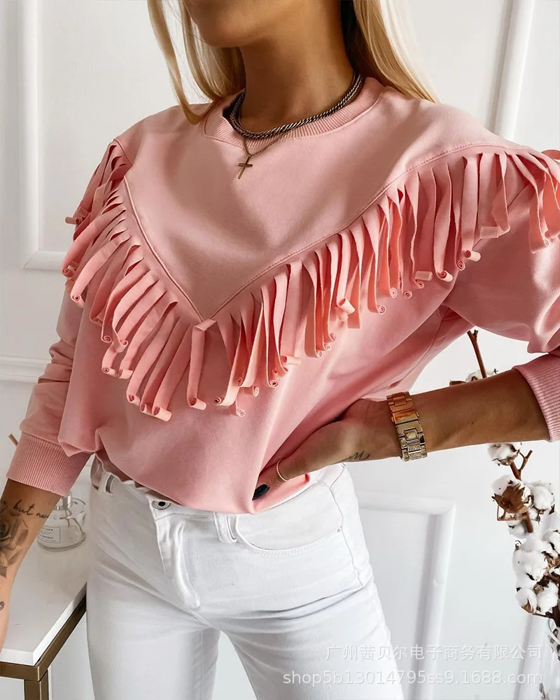 

2021 European and American new round neck burnt fringed top women's tops