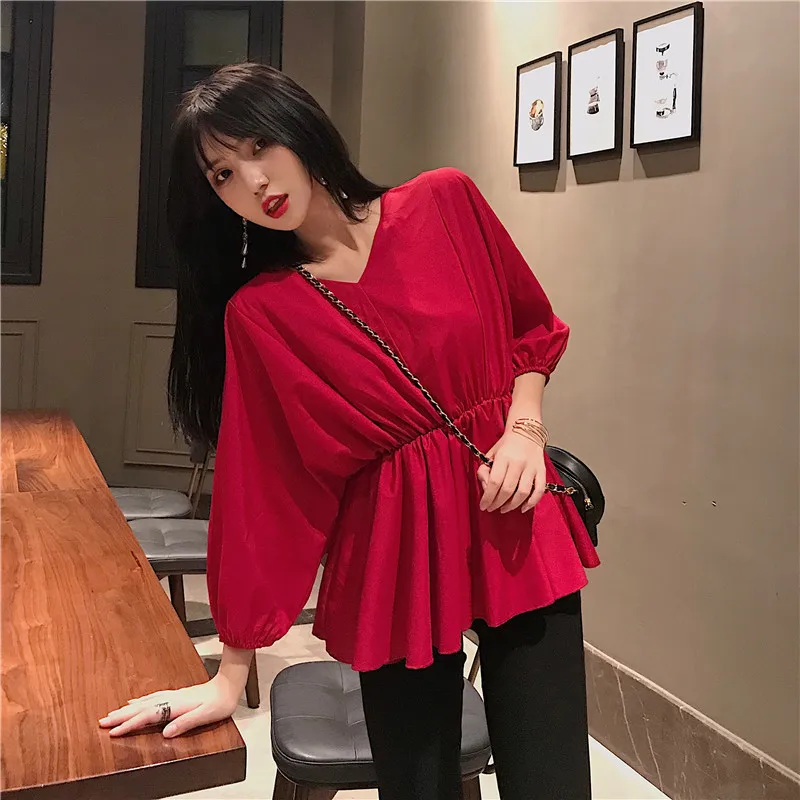 

HISUMA Autumn Lantern Sleeve Women V-Neck Basic Ruffles Shirt Lady Elastic Slim Waist Pleated Pullover Party Chiffon Blouse Tops