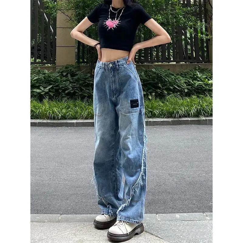 

Retro design blue ladies jeans Y2k straight and thin loose high waist wide leg mopping high street pants autumn 2021
