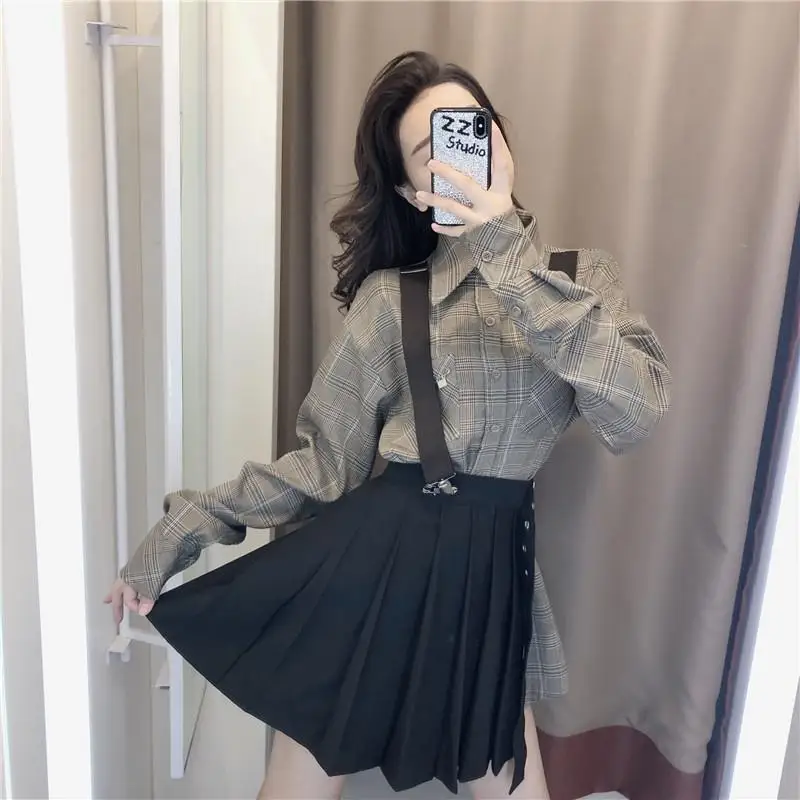 Костюм NiceMix женский в Корейском стиле рубашка клетку с длинным рукавом и черная