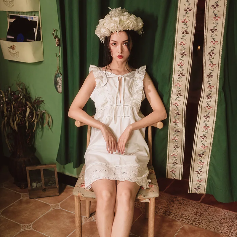 Pure cotton white pajamas, summer fresh princess, retro palace hollow strap suspender nightdress-10