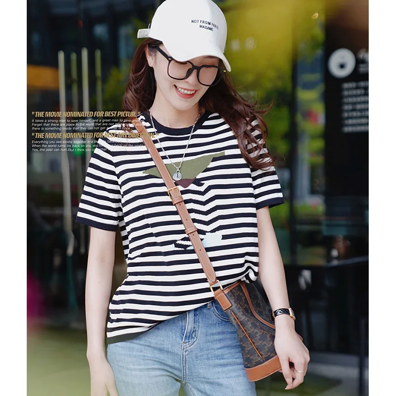 

2021 summer new style abstract embroidery striped cotton rib round neck temperament casual simple T-shirt women